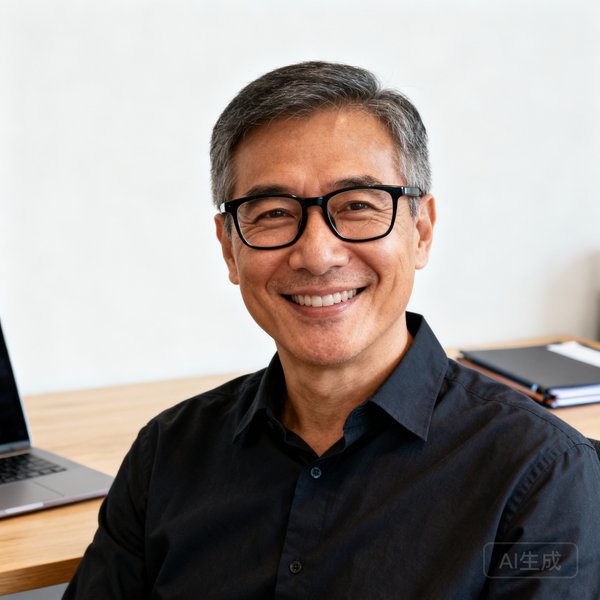 一位四十岁左右戴黑框眼镜的中年男性，穿着深色衬衫面带自信微笑，背景是简约的办公环境