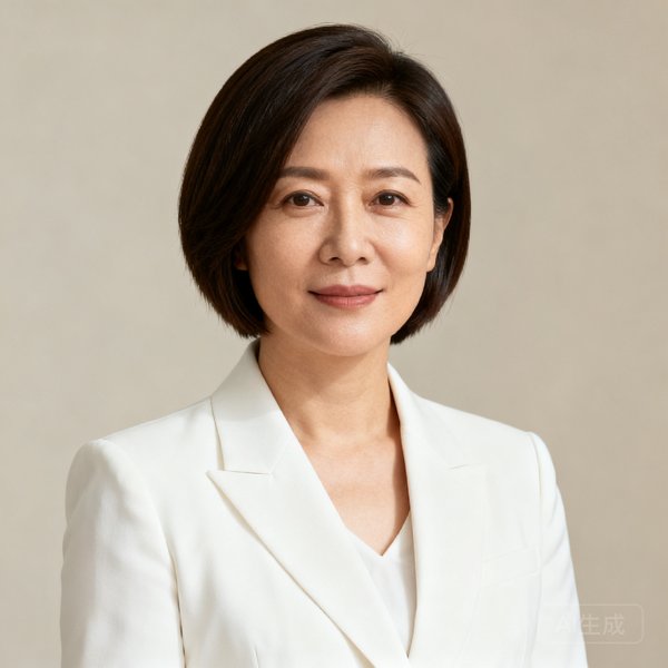 一位三十五岁左右的女性产品经理，齐耳短发干练利落，穿着白色西装外套